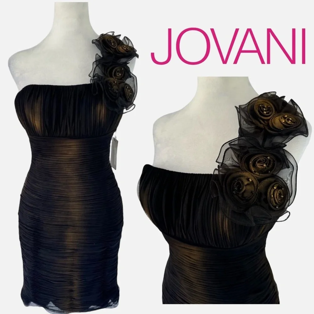 Jovani Junior Prom Dress Vintage Black Rosette One Shoulder Short Retro 90s Sz 8 - Picture 15 of 16